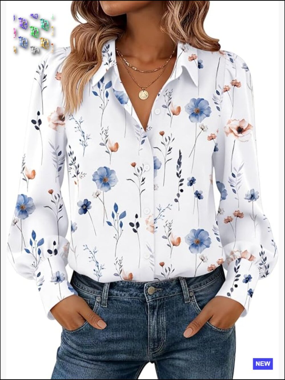 Lantern Sleeve Button Down Blouse Elegant Floral Print Work Office Chiffon Top